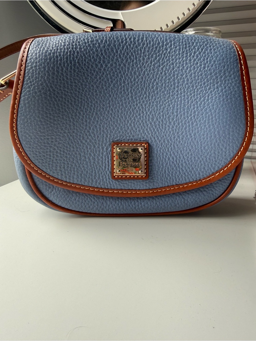Dooney & Bourke Light Blue Pebble Leather Clutch with Brown Trim